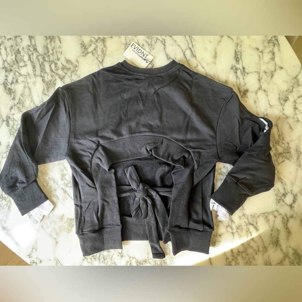 NWT EVIDNT Los Angeles split sleeve open back bow tie black sweatshirt Sz S